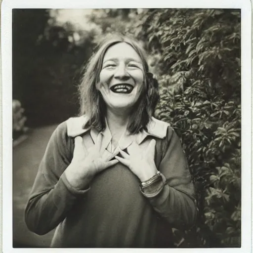 Prompt: a polaroid of a laughing woman with her hand covering her right eye taken in front of a herbaceous border