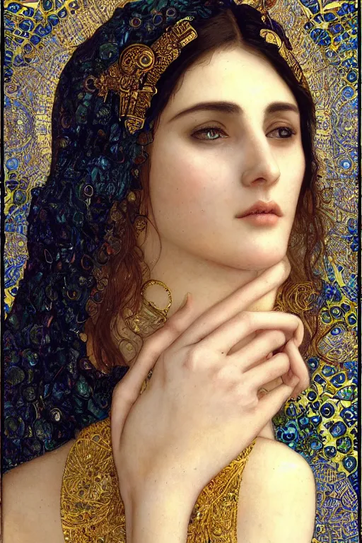 Image similar to 8k Portrait of a Beautiful Arabic female, sad green eyes, beautiful Porcelain skin, elegant, jewellery, digital painting, Pre-Raphaelites, highly detailed, concept art, cinematic lighting, smooth, sharp focus, gold and indigo, illustration, art by Klimt and Alphonse Mucha.