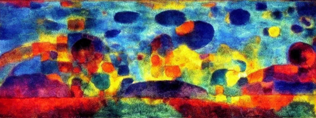 Image similar to Psychedelic sci-fi dreamworld. Landscape painting. Organic. Winding rushing water. Waves. Clouds. Emil Nolde. Paul Klee.