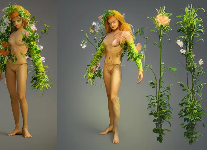 Prompt: Fantasy Alrune androgynous plant humanoid with flowers in hair plant body by Larry Elmore and Ilya Kushvikov, symmetrical face concept art, octane render unreal engine meta humans, artstation
