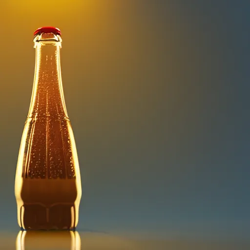 Image similar to bottle of coca - cola, droplets flow down the bottle, soft warm light, ultra quality, super detail, play of light, yellow light shining through, focus unreal engine 5,