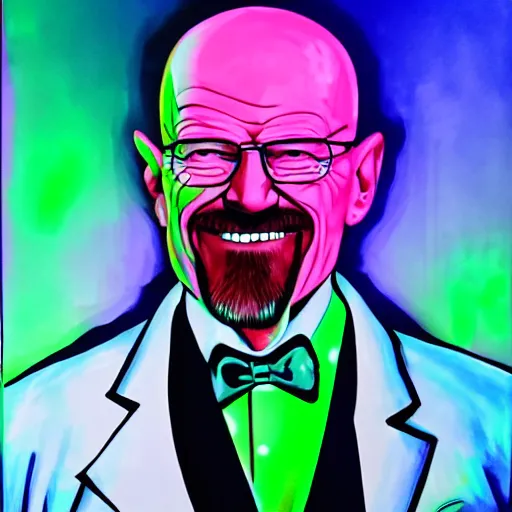 Image similar to portrait of walter white in a tuxedo, laughing in a modern night club, neon lights