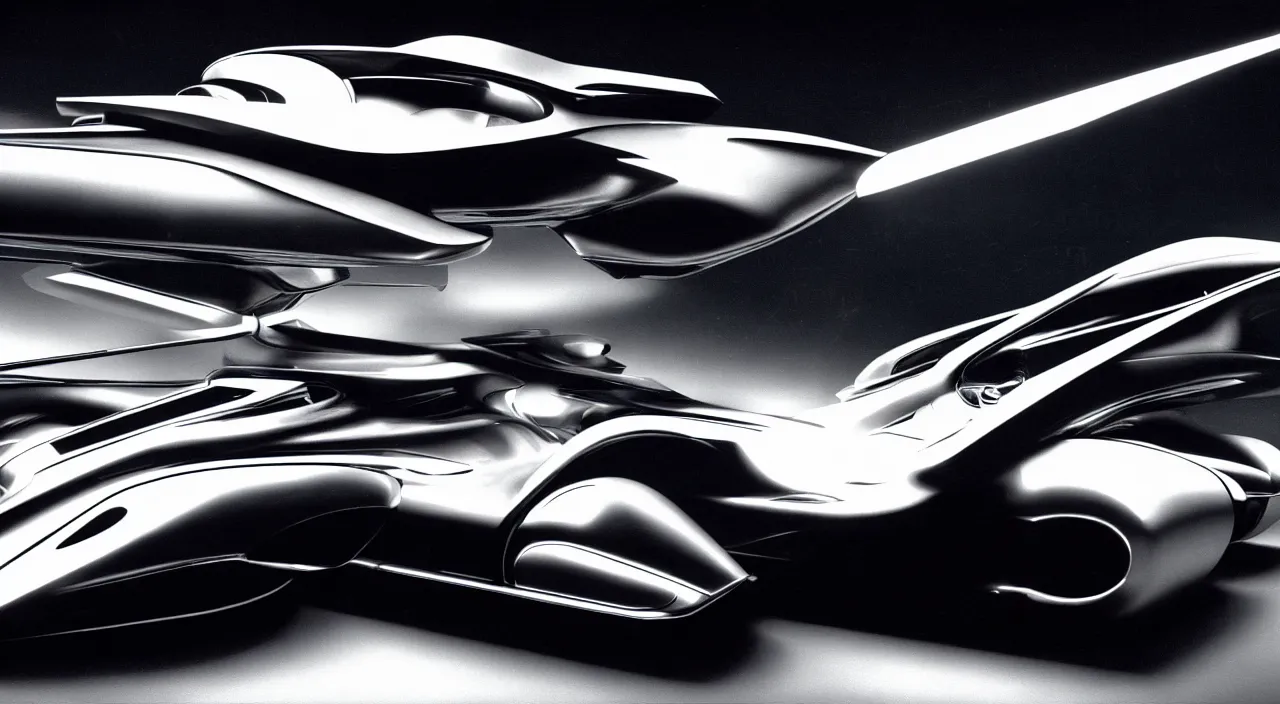 Image similar to high quality photo of a futuristic art deco car from a 60s sci-fi movie cinematic lighting caravaggio