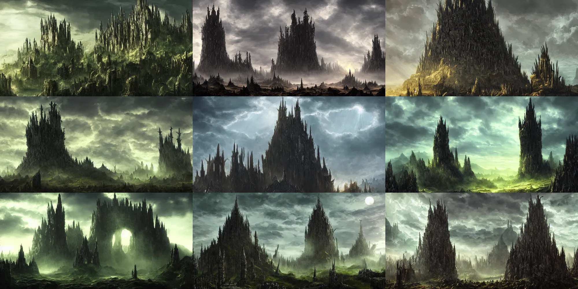 Prompt: giant black tower with a crown of spikes connected with giant stone arches to multiple smaller towers set in the underworld, green mist everwhere, god rays above, cinematic view, epic sky, classical painting, fantasy, trending on artstation
