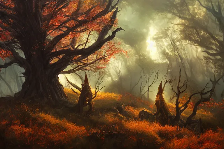 Prompt: sunset lighting ominous shadows, cinematic fantasy painting, dungeons and dragons, an ashigaru mouse looks over an autumn forest clearing of wildflowers glade jessica rossier and brian froud