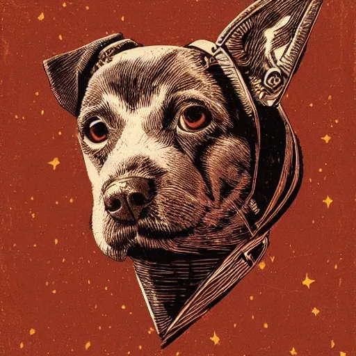 Image similar to Woodcut portrait of a beautiful cute dog with robot ears by falling into the stars greg rutkowski, 4k, intricate details