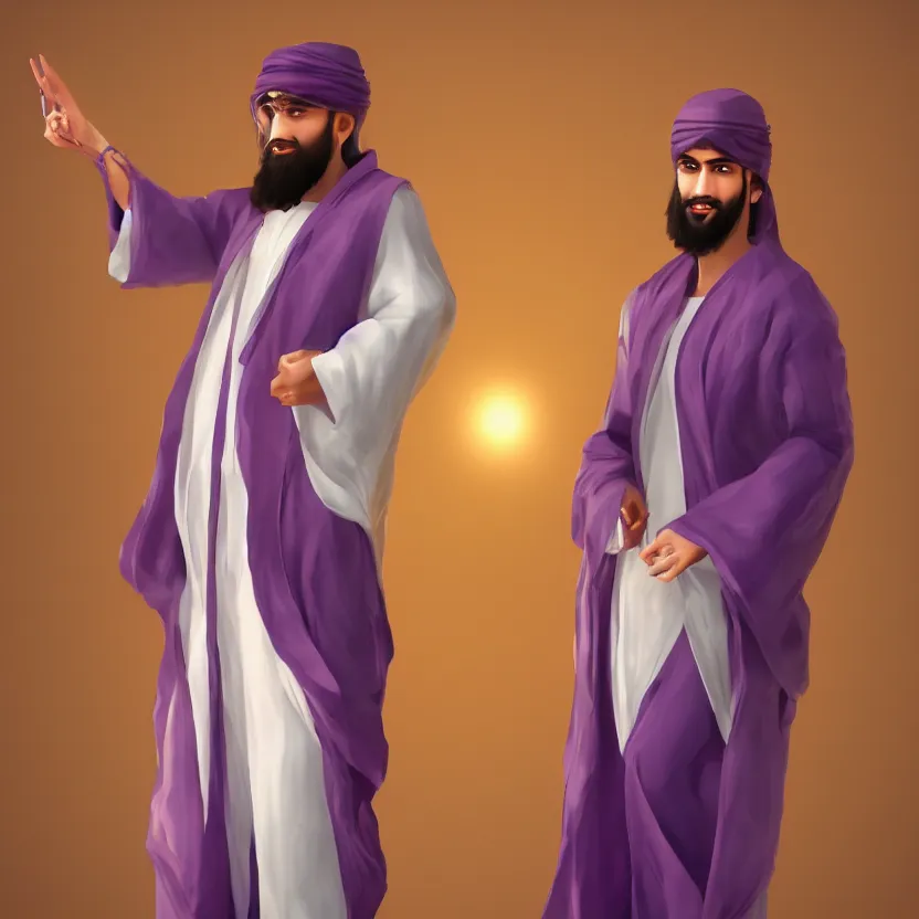 Prompt: Arabic male young adult with long beard and purple glimmering robes, hyperrealistic white lighting, treanding on artstationhq