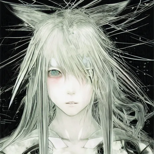 Prompt: yoshitaka amano blurred and dreamy illustration of an anime girl with an eyepatch, wavy white hair and cracks on her face wearing elden ring armour with the cape fluttering in the wind, abstract black and white patterns on the background, noisy film grain effect, highly detailed, renaissance oil painting, weird portrait angle