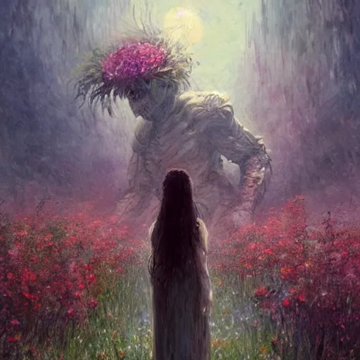 Image similar to a gigantic beautiful terrifying monster made of flowers looms over a tiny human. ethereal horror fantasy art by greg rutkowski and magali villanueve and monet