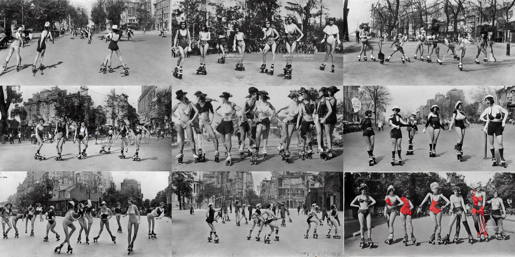 Prompt: 1 9 2 0 usa bikini models rollerblading on the streets vivid colors