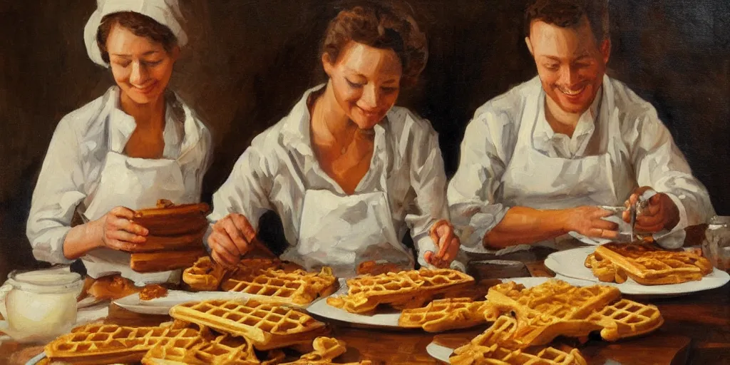 Image similar to A couple baking waffles together, oil painting, romantic