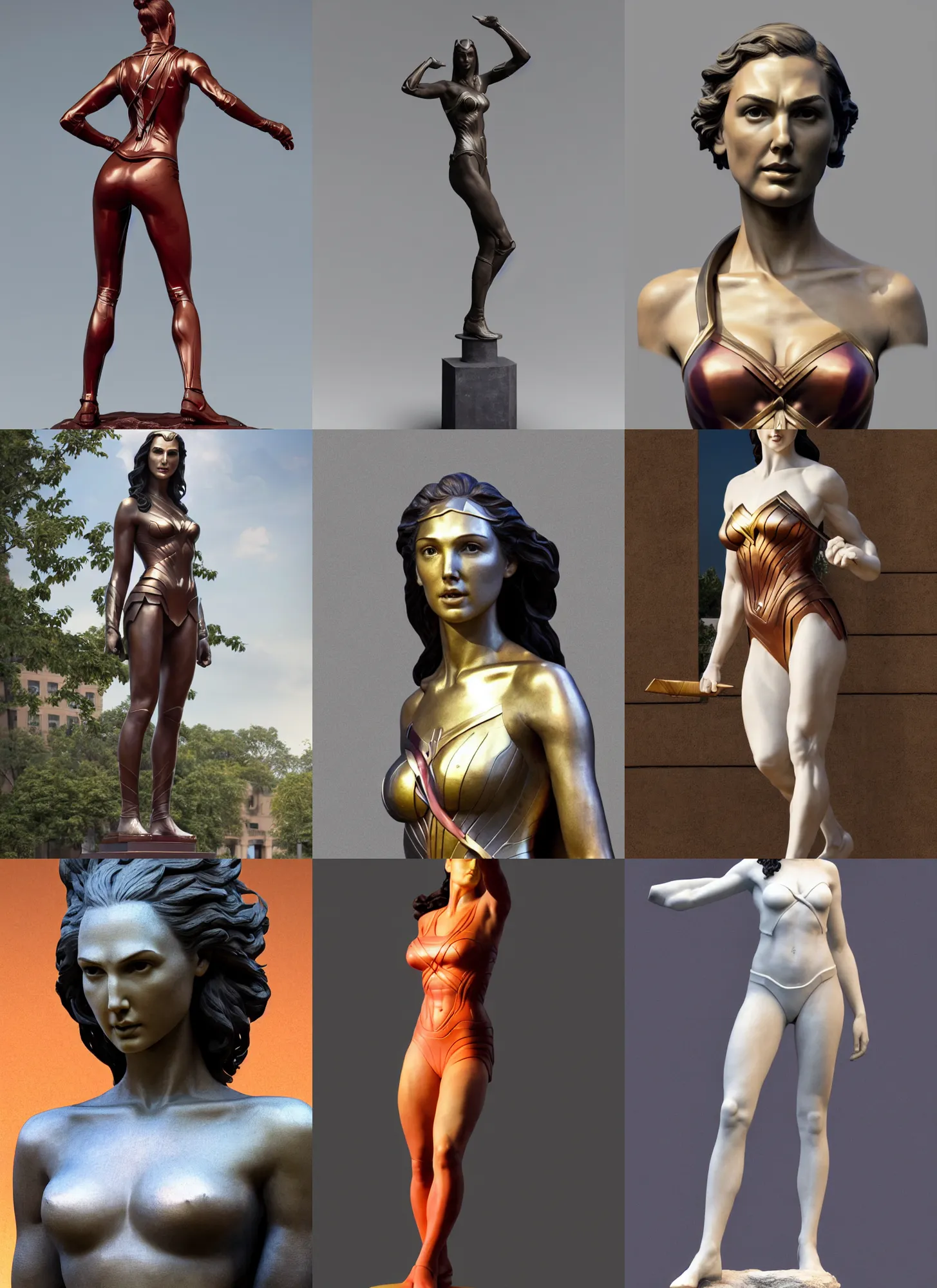 Prompt: sculpture statue of Gal Gadot by Jean-Baptiste Carpeaux and Luo Li Rong and Michael James Talbot, all body, standing athletic pose, perfect symmetrical face, colorful, in full growth, elegant, realistic, 8K, female full-skin figure, hyperrealism, subsurface scattering, raytracing, rim light, Octane Render, Redshift, Zbrush