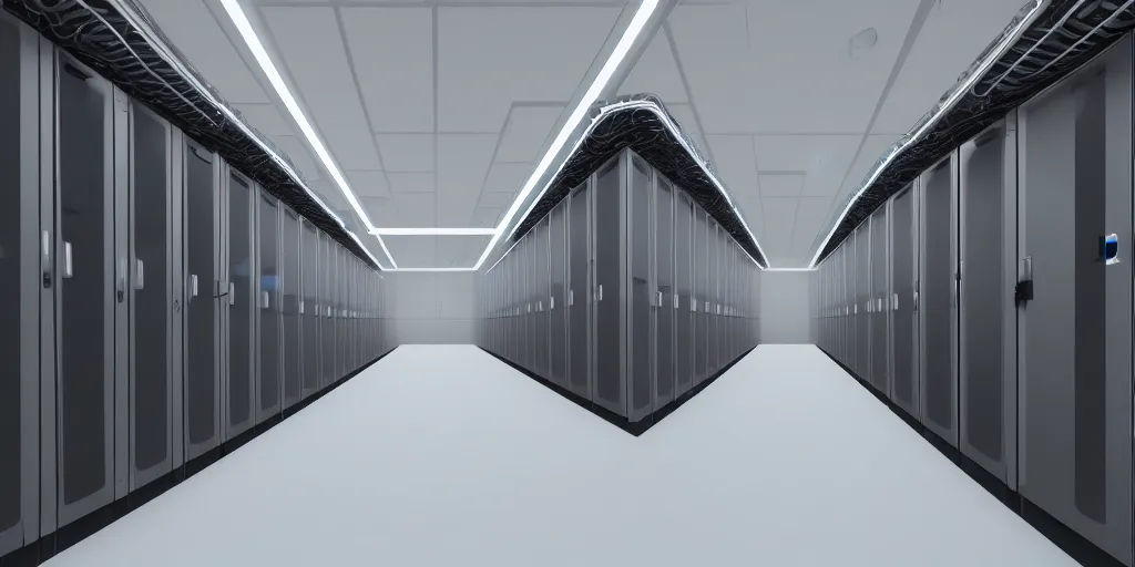 Image similar to parallax datacenter server room white rusty robocleaner in artstation