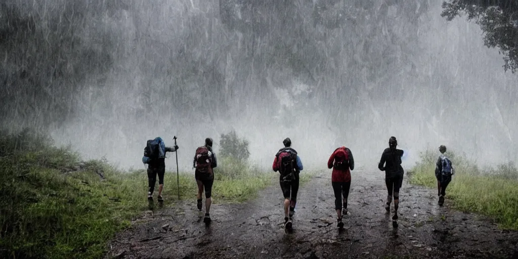 Prompt: A hiking group running away from an ancient eldritch monster, horror movie cinematic, rain stormy fog, terrifying nightmare