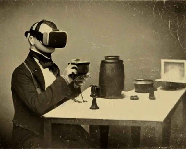 Image similar to an early 1800s photo of someone with a virtual reality headset, a tablefull of Big Macs behind them