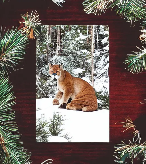 Image similar to postcard showing 'a cougar sleeping in the middle of snowy pine tree' laying on coffee table and ripped up, zoomed out shot, HD, iphone capture