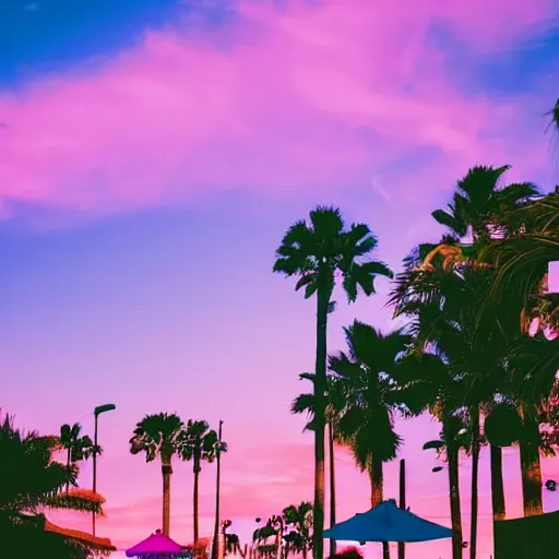 Prompt: hotel california, motel, swimmingpool, sunset, palms, beach, sunset, vaporwave, pink, blue, green, purple, aesthetic.