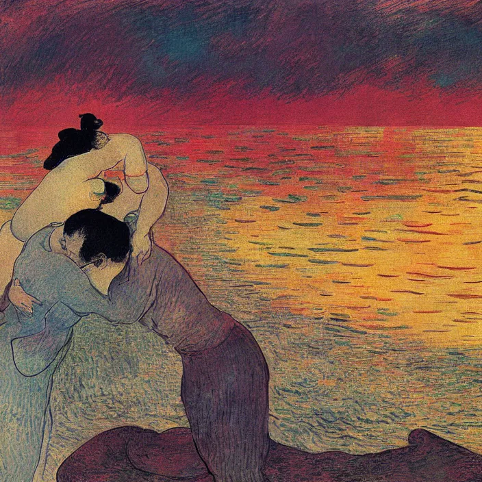 Prompt: close view of woman and man kissing. tsunami great wave, sun setting through the storm clouds. iridescent, vivid psychedelic colors. painting by henri de toulouse - lautrec, utamaro, monet, gauguin