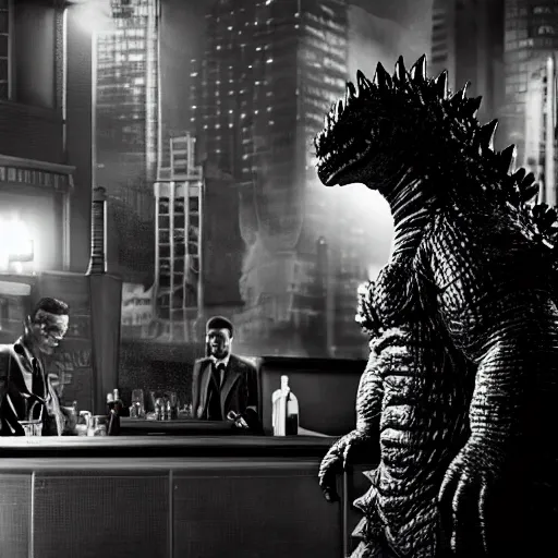 Image similar to noir movie scene, closeup shot, godzilla at a bar