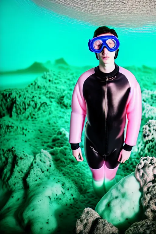 Image similar to high quality pastel coloured film mid angle portrait photograph of a beautiful young 2 0 year old male, soft features, short hair, rubber goggles and oversized inflated clothing!!!! icelandic black! rock pool environment. atmospheric three point light. photographic. art directed. ( pastel colours ). volumetric. clearcoat. waves. 8 k. filmic.