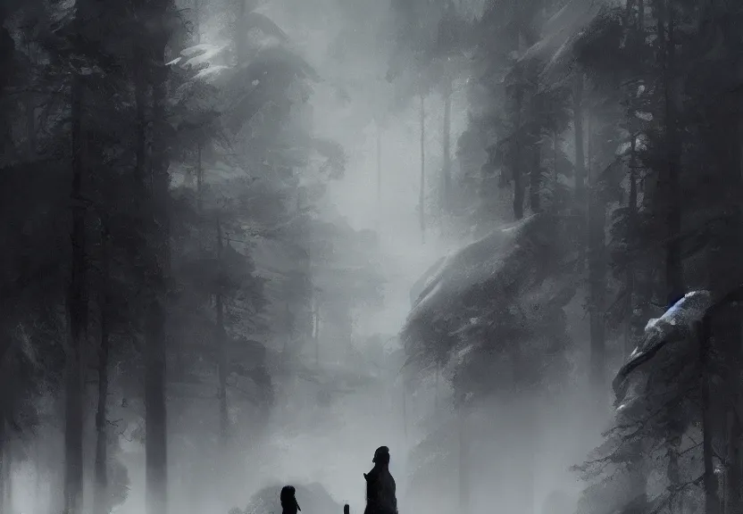 Prompt: painting of the figure of a man and a woman in an adventurous scenery, high contrast, concept art, forest, dramatic lighting, digital art, 8 k, extremely detailed, drawn by ruan jia