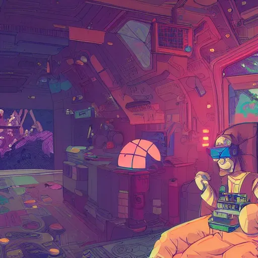 Prompt: explorer with cyberpunk headpiece playing video games in his treehouse, highly detailed, 4k, midnight, by Victo Ngai and James Gilleard , Moebius, Laurie Greasley, adventure time colour palette