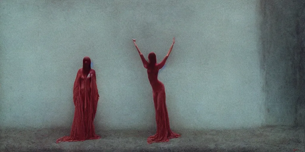 Image similar to a clothed woman posing, wearing clothes,feeling of surrender, by Zdzislaw Beksinski and Marat Safin