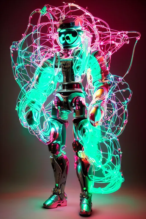 Prompt: full-body rococo and cyberpunk style mint neon and ceramic statue of a muscular attractive Spanish robot god humanoid wearing a thing see-through plastic cloak sim roupa, posing like a super hero, suspended from the sky with thick clear cables, glowing mint face, crown of red steampunk lasers, emeralds, swirling silver silk fabric. futuristic elements. oozing glowing liquid, full-length view. space robots. human skulls. throne made of bones, intricate artwork by caravaggio. Trending on artstation, octane render, cinematic lighting from the right, hyper realism, octane render, 8k, depth of field, 3D