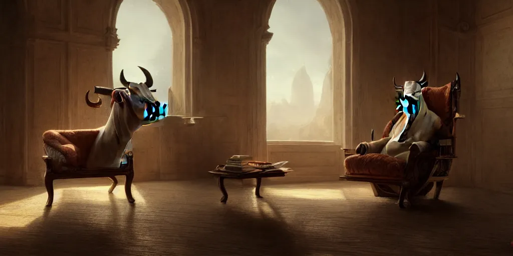 Image similar to a cow sitting in a luxury chair reading a book, digital art, fantasy art, octane render, ureal engine, high detail, very realistic, by greg rutkowski. by james gurney