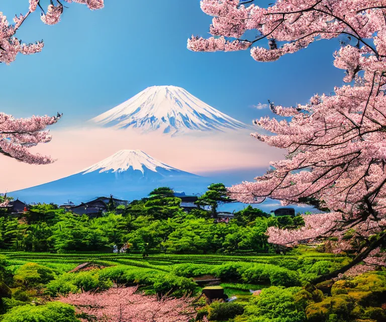 Image similar to a photo of mount fuji, japanese ladscapes, rice paddies, sakura trees, seen from a window of a train. cinematic lighting.