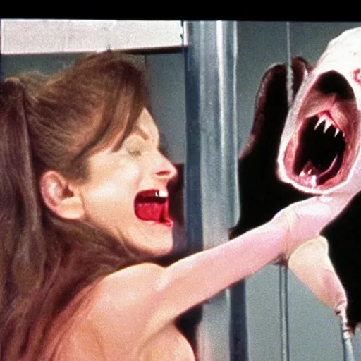 Prompt: screenshot from a movie showing a rabid vampire bat attacking a female scientist in a biolab.