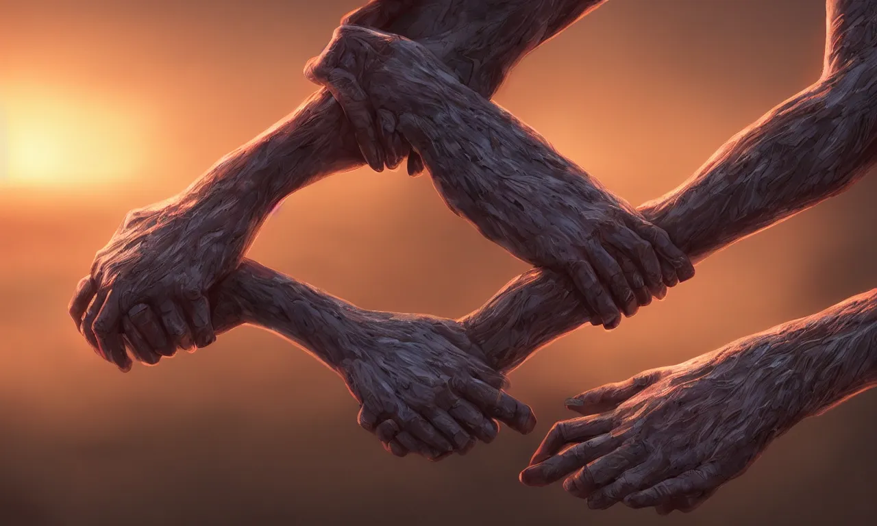 Prompt: illustration strong realistic hands and interlocking arms against a background of sillicon chip blood vessels sunset at sunset in the style trending on artstation cinematic