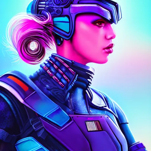 Image similar to a stunning upper body portrait of a beautiful young woman wearing futuristic navy blue and teal battle bodyarmor and pauldrons and ombre purple and pink hairstyle with hair blowing in the wind, by marvel comics, outrun, vaporware, neon, highly detailed, fine detail, intricate, digital art, trending on artstation