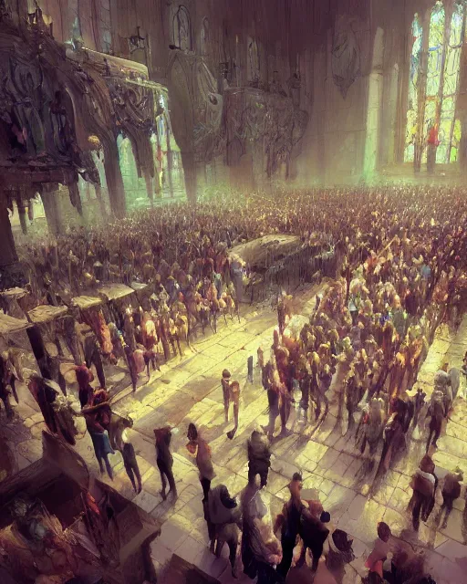 Image similar to craig mullins digital matte art of a crowd in a futuristic church, priest, pews, ethereal, inviting, bright, unreal engine, hyper realism, realistic shading, cinematic composition, realistic render, octane render, detailed textures, photorealistic, wide shot