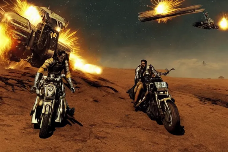 Image similar to mad max riding his interceptor in space, fighting mutants on space bikes, action - scene, very detailed, high octane