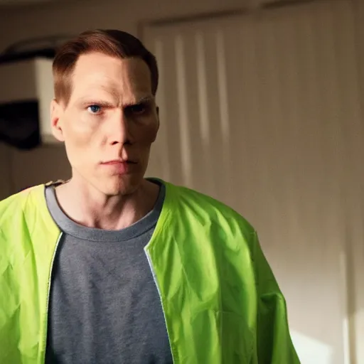 Image similar to Live Action Still of Jerma in Breaking Bad, real life, hyperrealistic, ultra realistic, realistic, highly detailed, epic, HD quality, 8k resolution, body and headshot, film still