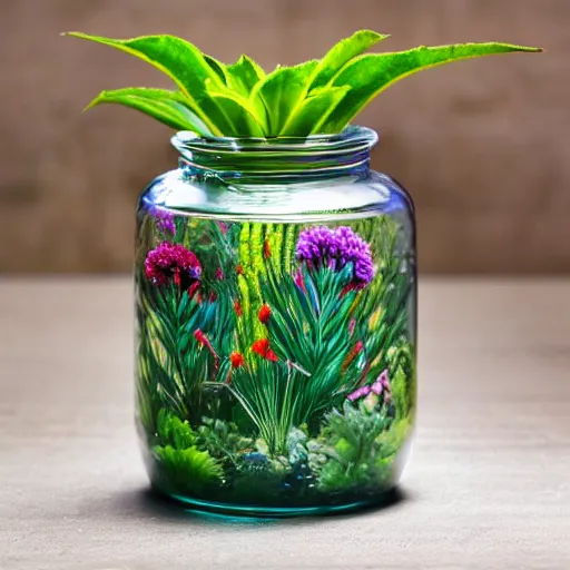 Prompt: a jar with a variety of beautiful plants inside, art