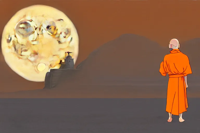 Image similar to a study of cell shaded cartoon of an android monk in an orange robe from howl's moving castle ( 2 0 0 4 ) on a desert road, in front of a big moon, full body, wide shot, very muted colors, post grunge, studio ghibli, highly detailed, deviantart, art by artgem