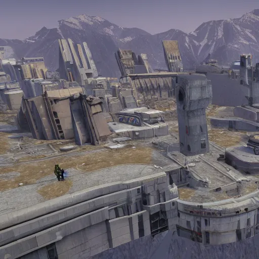 Image similar to a high quality far away picture portraying half life 2's combine citadel, portraying its huge scale emerging from the center of city 17