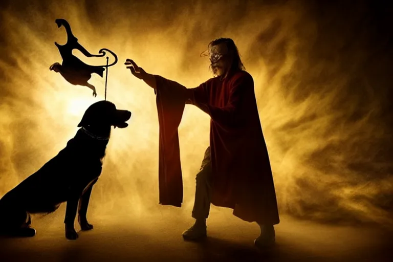 Prompt: dog wizard casting a magic spell on an evil witch, majestic pose, dramatic lighting, cinematic scene