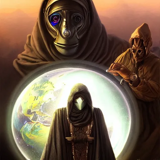 Image similar to masked nomad male wearing a cloak on an alien world and holding a holographic planet projection in his hand, detailed, sci - fi, digital painting, artstation, sharp focus, illustration, ominous, artgerm, tomasz alen kopera, peter mohrbacher, donato giancola, joseph christian leyendecker, wlop, frank frazetta