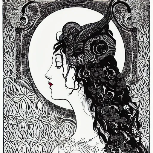 Prompt: filigree detailed illustration portrait of a profile of gypsy girl with long curly hair and big goat horns on her head, aubrey beardsley, tomer hanuka, makoto shinkai