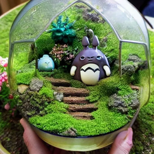Image similar to a terrarium that has a cute wee village and totoro living inside it, studio ghibli