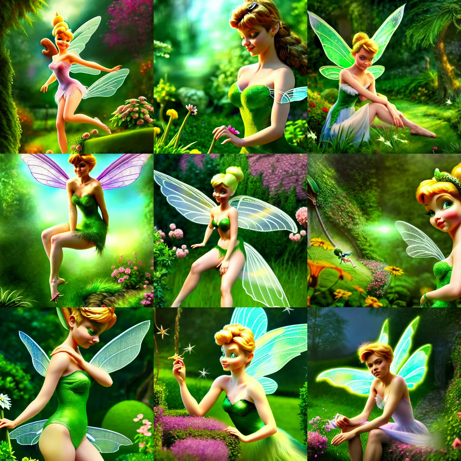Image similar to a highly detailed and realistic illustration of the tinker bell fairy on a garden, artstation, 4 k, correctly anatomy, good light