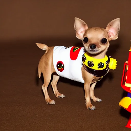 Image similar to photo of mini brown chihuahua in a bowser costume. Post processing , award winning , masterpiece , photo realistic