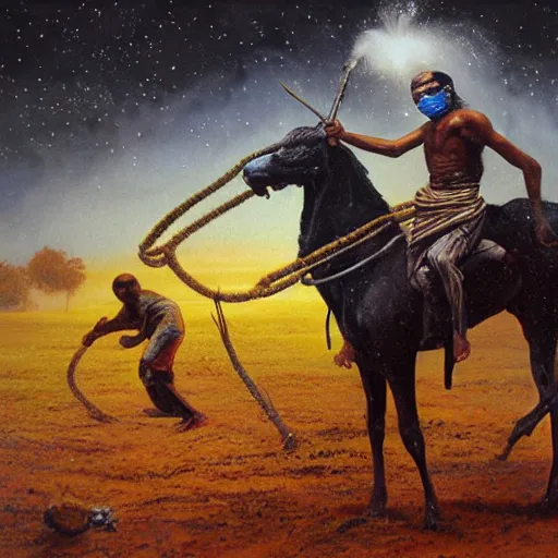 Image similar to portrait of head and body, single bangla farmer fighting on hoseback, hand to hand combat with machete, wielding machete, full body view, long flowing hair, fighting for his life, nebula aura surrounding subject, horseback combat attacker foreground, background of invading army, nestor canavarro hyperrealist art style, sharp outlines