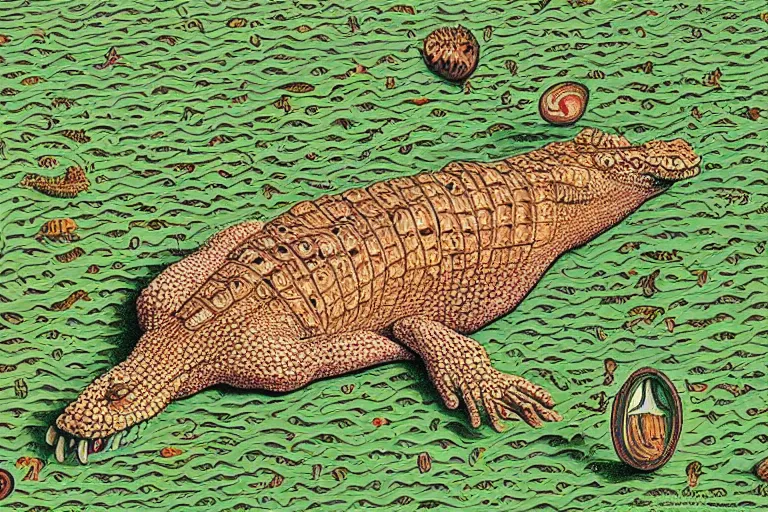 Prompt: illustration of a human alligator woman crocodile egg from codex seraphinianus art by Luigi Serafini