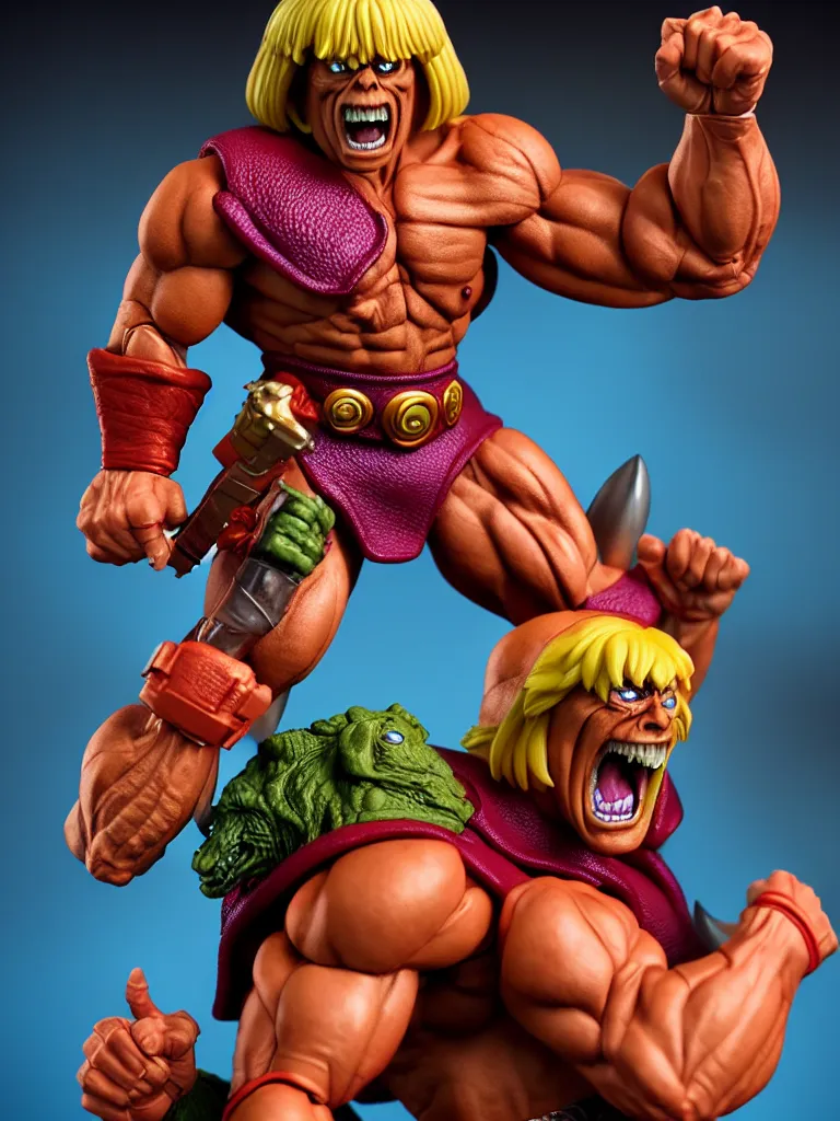 Image similar to hyperrealistic rendering, he - man by art of skinner and richard corben and jeff easley, product photography, action figure, sofubi, studio lighting, colored gels