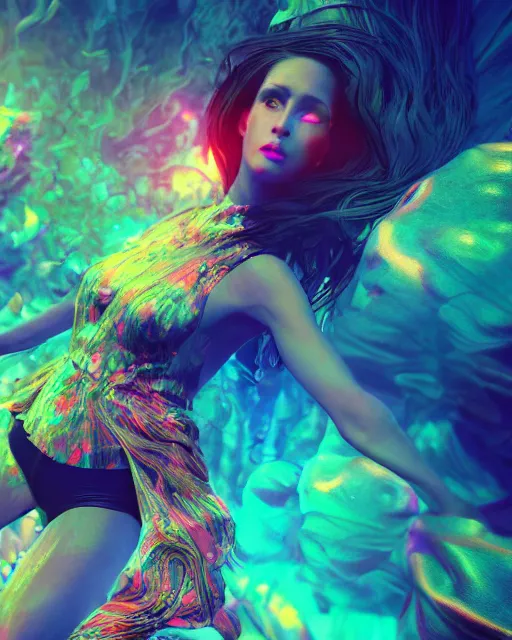 Image similar to beautiful women on psychedelic trip, cinematic shot, epic composition, fine details, octane render, 8 k, depth of field, concept art, digital art, deviantart artstation, extremely detailed, very sharp,