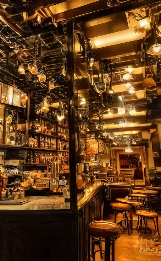 Image similar to close up realistic detailed photo of a cozy coffee shop, hdr, chrome, reflections, volumetric lighting, copper, black, diffuse light